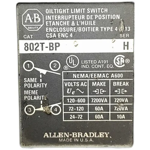 LIMIT SWITCH. ENCLOSURE RATING NEMA 4